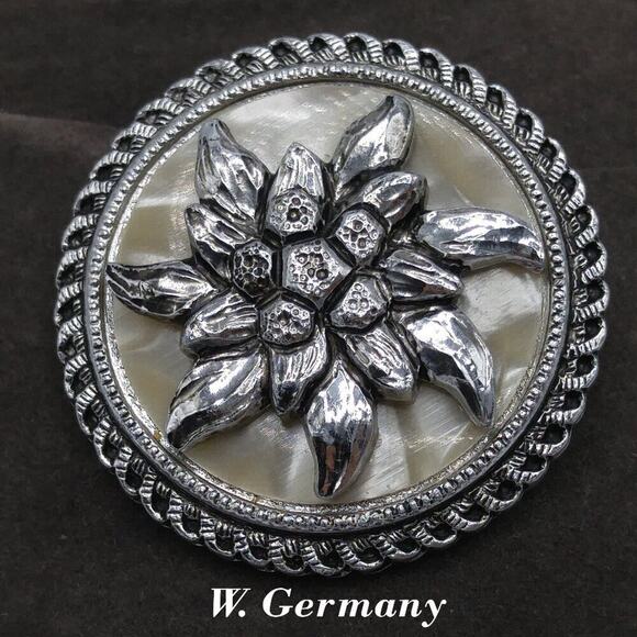 West Germany Floral Scarf Clip, Lucite Background, Mid-century, 1 3/8 Inches - Picture 1 of 8